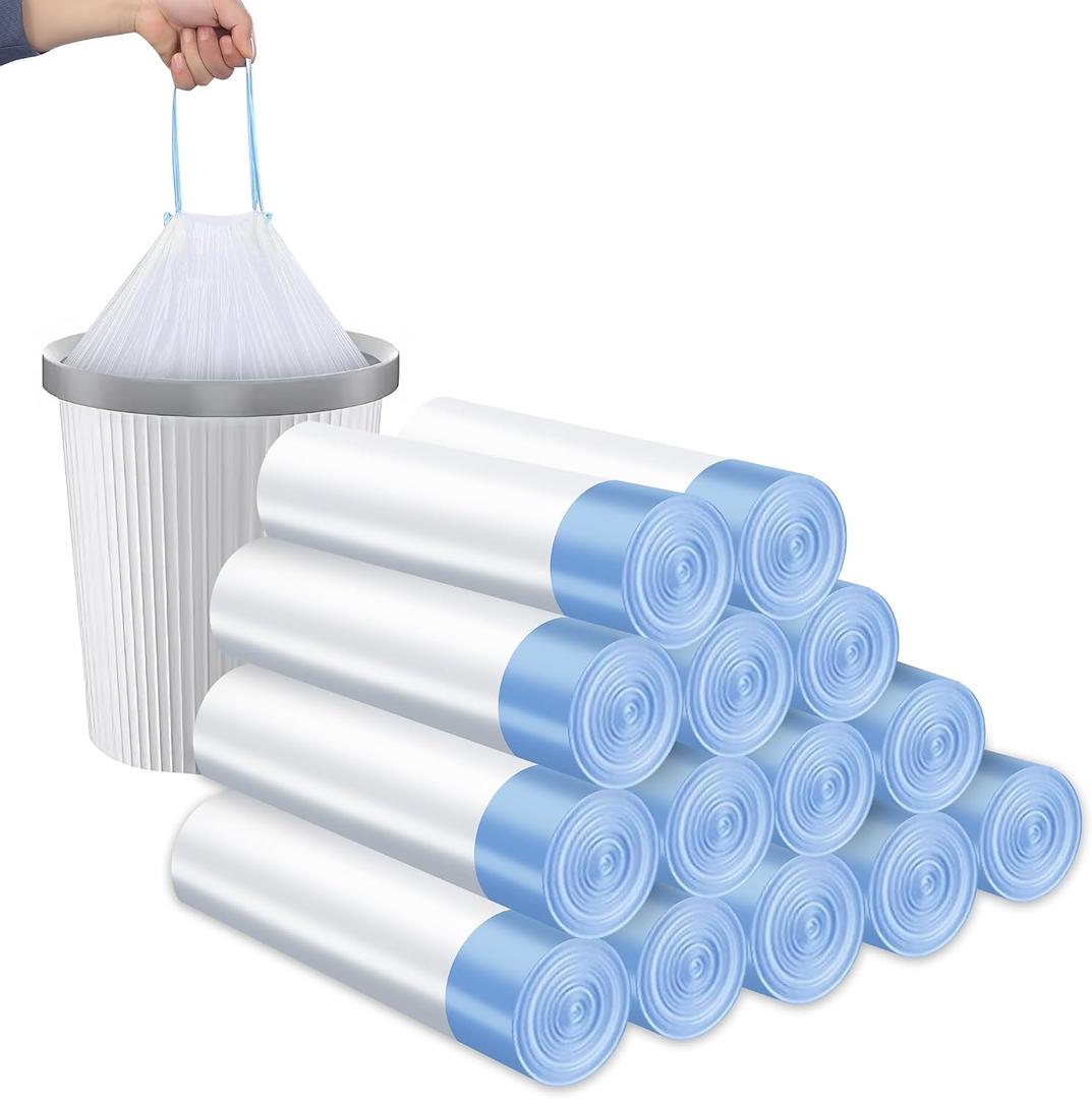 210 Count Small Drwastring Trash Bags - 4 Gallon 14 Rolls of 15 Bags - Strong Small Garbage Bags for Bathroom Kitchen Office Bedroom Wastebasket Liners - Leakproof & Durable & Easy to Pull Desigh
