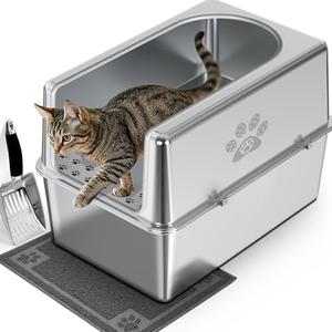 PWTAA Enclosed Stainless Steel Cat Litter Box with Lid, XL Metal Litter Box for Big Cats, Extra Large Cat Toilet with High Side, Non-Stick, Anti-Leakage, Odorless, with Cats Litter Mat & Litter Scoop