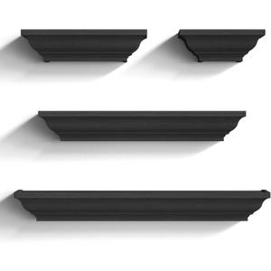 SRIWATANA Black Floating Shelves, Solid Wood Storage Wall Shelves Set of 4 Display Ledge Shelves Decor for Bedroom, Living Room, Bathroom, Kitchen - Black, L: 8/ 12/ 20/ 24In X W: 4In X H: 3In