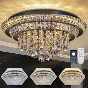 24" Flush Mount Crystal Chandeliers with Remote and APP,Black Ceiling Light