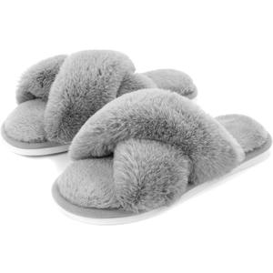 Metog Women's Fuzzy Cross Band Indoor/Outdoor Soft Open Toe Slippers (9-10, Grey)