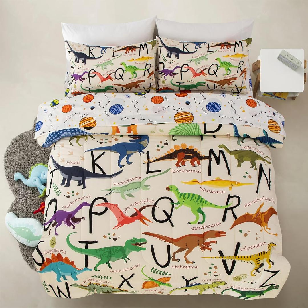 A Nice Night Cartoon Dinosaur Comforter Set Twin 5-Piece Bedding for Kids 3-15 Years, Soft Polyester All-Season Bed in a Bag, with Comforter Sheets Pillowcase Sham (Beige)