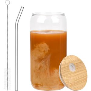 1 PCS iced Coffee Glasses Drinking Glasses cup,Beer Glass Cup,CLear Old Fashioned Whiskey Cup with bamboo lid and glass straw for Cocktail, Whiskey,Mojito,Smoothie,Iced Coffee