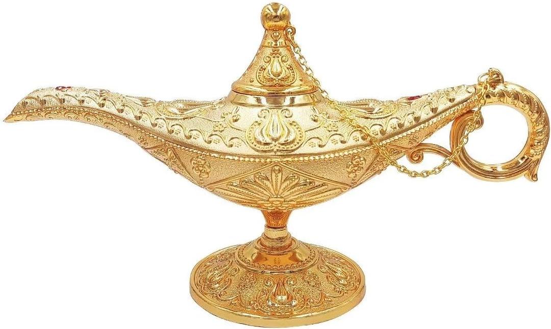 Hourwof Vintage Aladdin Magic Genie Lamp,Arabian Nights Costume Prop Lamp for Wedding Theme Party,Legend Wishing Light for Home Tabletop Decor Halloween Christmas Birthday Gift,Large Gold