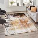FlyDOIT Washable Area Rug for Living Room, 4x6 Modern Abstract Soft Non Slip Thin Throw Rugs, Print Pattern, Indoor Floor Carpet for Kitchen Office Dorm Bedroom Brown Black Cream Beige White
