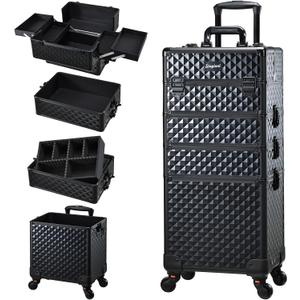 Stagaint Rolling Makeup Case 4 IN 1 Cosmetology Case on Wheels Salon Case Makeup Organizer Box with Wheels Cosmetic Travel Case Nail Tech Storage Traveling Trunk Box All-Black Diamond 13.4"L x 9.7"W x 30.5"H