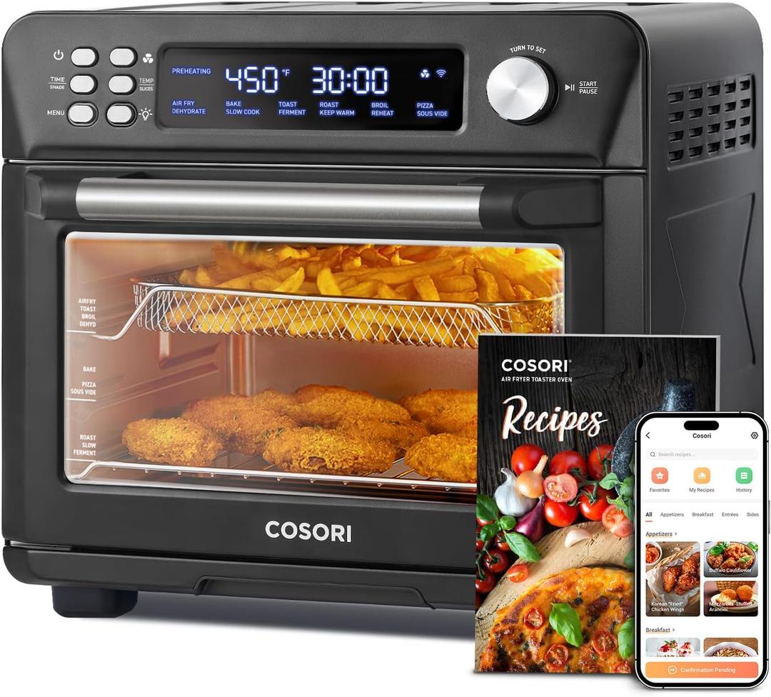 COSORI Smart 12-in-1 Air Fryer Toaster Oven Combo, Airfryer Convection Oven Countertop, Bake, Roast, Reheat, Broiler, Dehydrate, 75 Recipes & 3 Accessories, 26QT, Black-Stainless Steel
