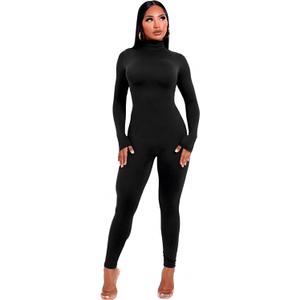 Jumpsuits for Women Long Sleeve Bodysuit Rompers Zipper Hight Neck One Piece Outfits for Women (Small, Black)