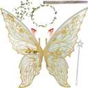 Fairy Wings for Adults and GirlsFairy Costume Set with Floral Garland, Fairy Hair Tinsel, Wand & Elf Ears  29"x21" Organza Butterfly Wings  Ideal for Cosplay, Party, Gold
