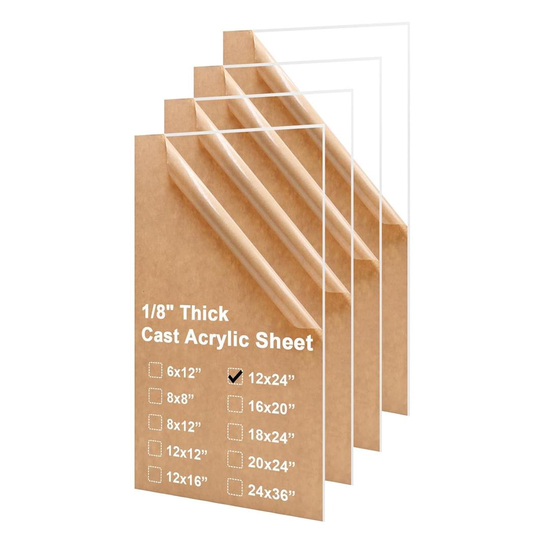 KINLINK 12x24 Plexiglass Sheets 1/8 inch Thick, 3mm Clear Cast Acrylic Sheet, Plastic Board for DIY Project, Craft, Window Glass, Table Top, Picture Frame, Acrylic Sign and Wedding Invitation 4 Pack