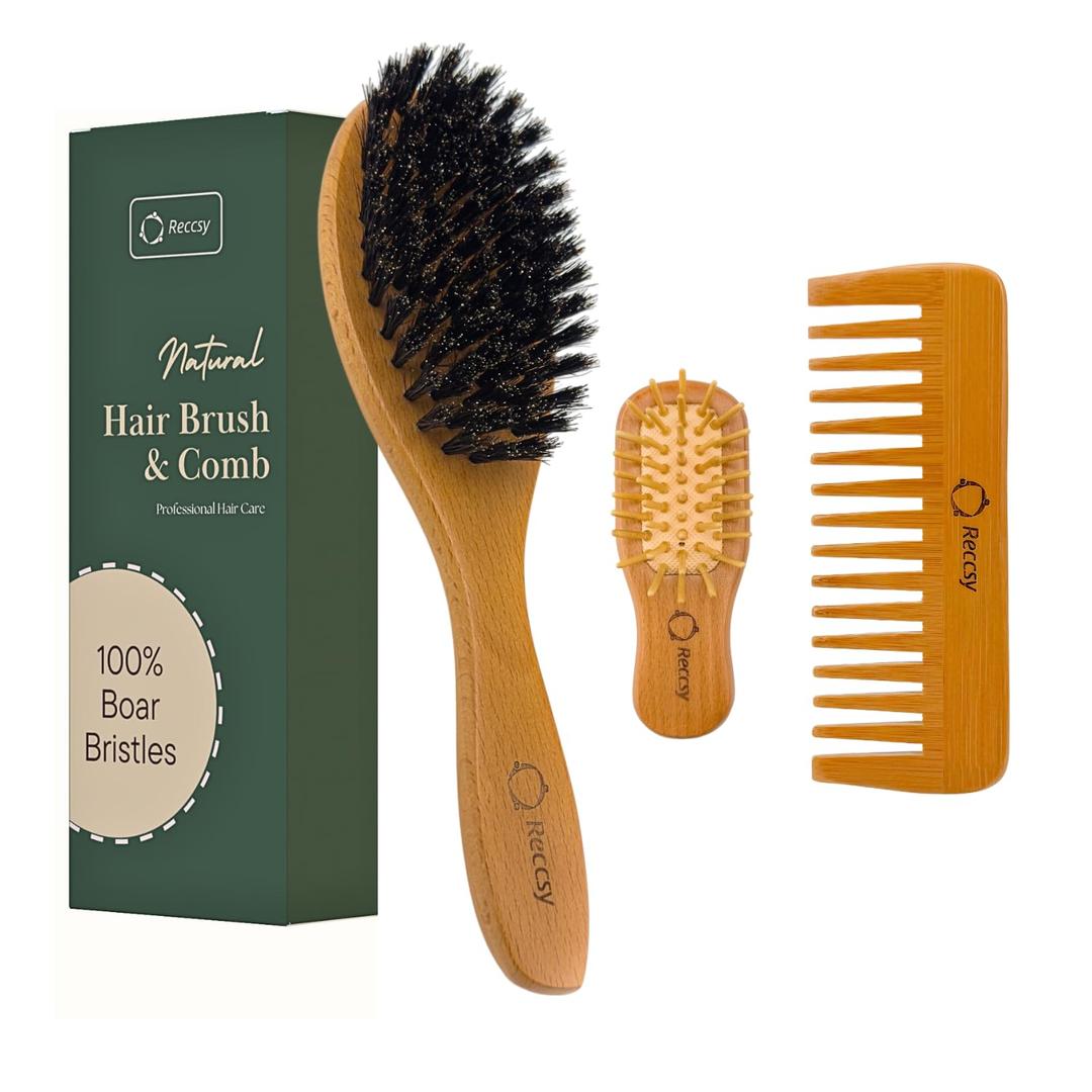 Boar Bristle Hair Brush Set For Women-100% Natural Boar Bristle Brush+Small Travel HairBrush+Bamboo Wide Tooth Comb For Fine And Thin Hair Smoothing Massaging Detangling. Restore Shine And Texture.