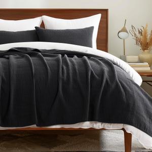 Cotton Coverlet Set Full Queen Size 3 Pieces, Lightweight Soft Ribbed Matelassé Bedspread Quilt Set, Cozy Oversized Quilted Bedding Set with 2 Pillow Shams for All Seasons, Washed Black