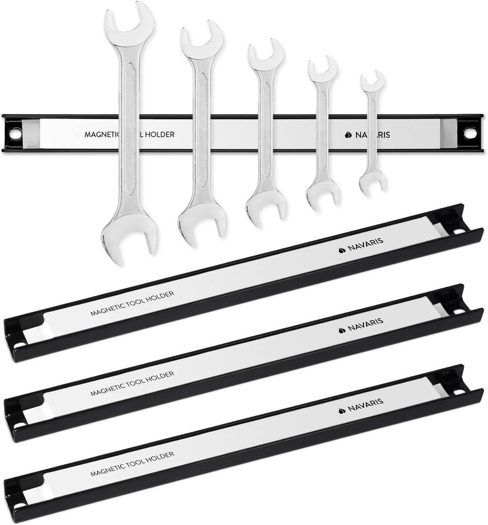 Navaris Set of 4 Magnetic Tool Holder Rack - 12 Inch Heavy Duty Garage Wall Holder Strip for Tools - Tool Bar with Magnet for Screwdriver, Wrench