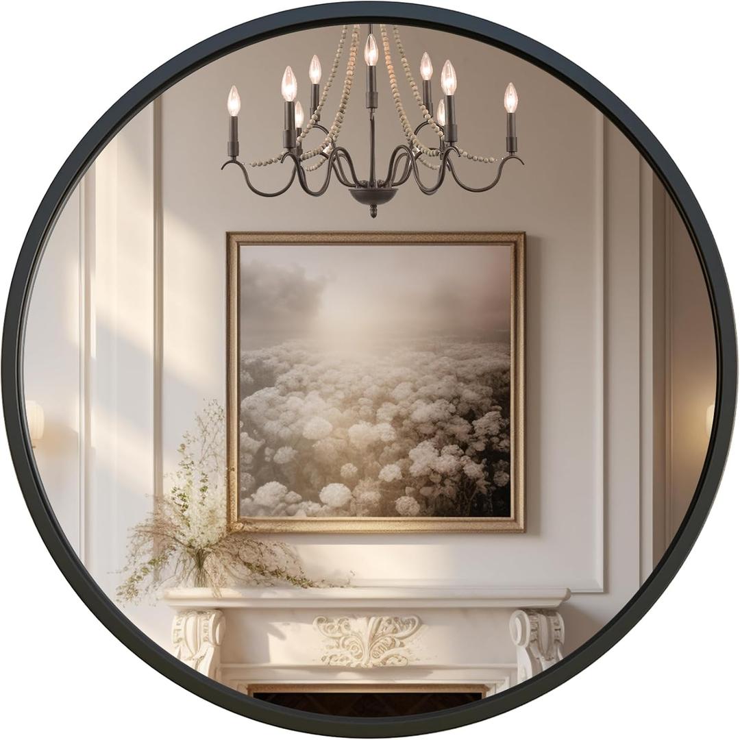 G-LEAF Black Round Mirror 24 inch, Circle Mirror for Bathroom, Entryway, Vanity, Living Room, Round Bathroom Mirror for Wall