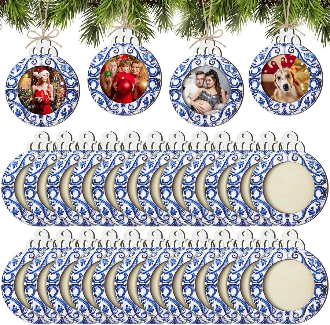 Blulu 24 Pcs Baby First Christmas Photo Ornament 2025 Christmas Pictures Frame Bulk Hanging Picture Frames Wooden for Xmas Tree Baby Gifts Keepsake