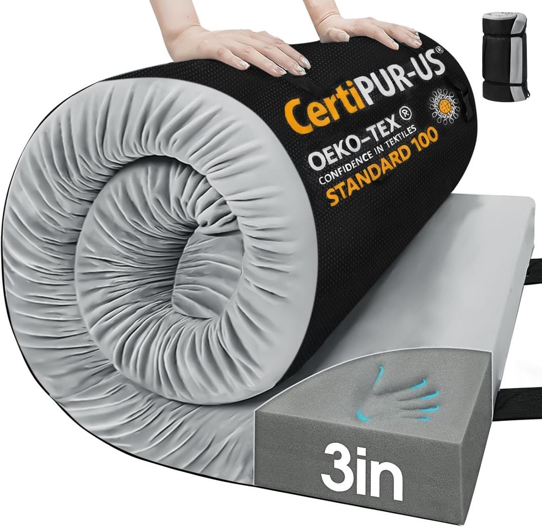 CYMULA Memory Foam Camping Mattress Pad, 3inch Sleeping Pad for Camping, Non-Slip Bottom Floor Cot Car Mattress Bed with Retaining Portable Roll up Mattress Pad Mat for Travel Truck Guest Bed Tent, Grey, Single:75*30*3