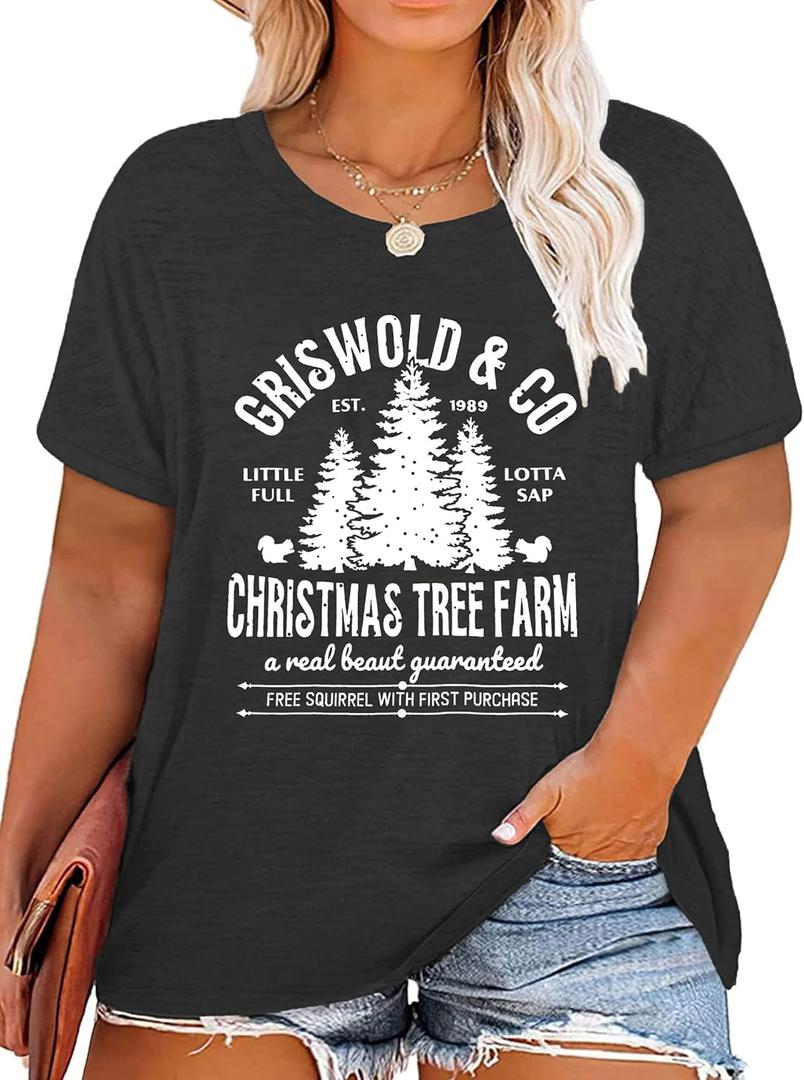 JINTING Plus Size Christmas Shirts for Women Christmas Tree Graphic Tees Xmas Holiday Short Sleeve T-Shirt Top (Black, XL)