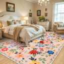 Area Rugs 9x12 Living Room: Floral Washable Rug Vintage Large Soft Boho Non-Slip Carpet Indoor Floor Stain Resistant Low Pile Carpets for Bedroom Dining Room Farmhouse Nursery Home Office Dark Beige