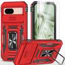 Compatible with Google Pixel 8A Case with HD Screen Protector,[Slide Camera Cover][Kickstand][Military-Grade] Heavy Duty Protection (Red)