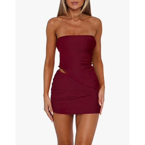 Two Piece Skirt Set for Women Summer Asymmetrical Mesh Strapless Tube Tops Mini Skirt Set Going Out Outfits, (Medium,Solid Wine Red)