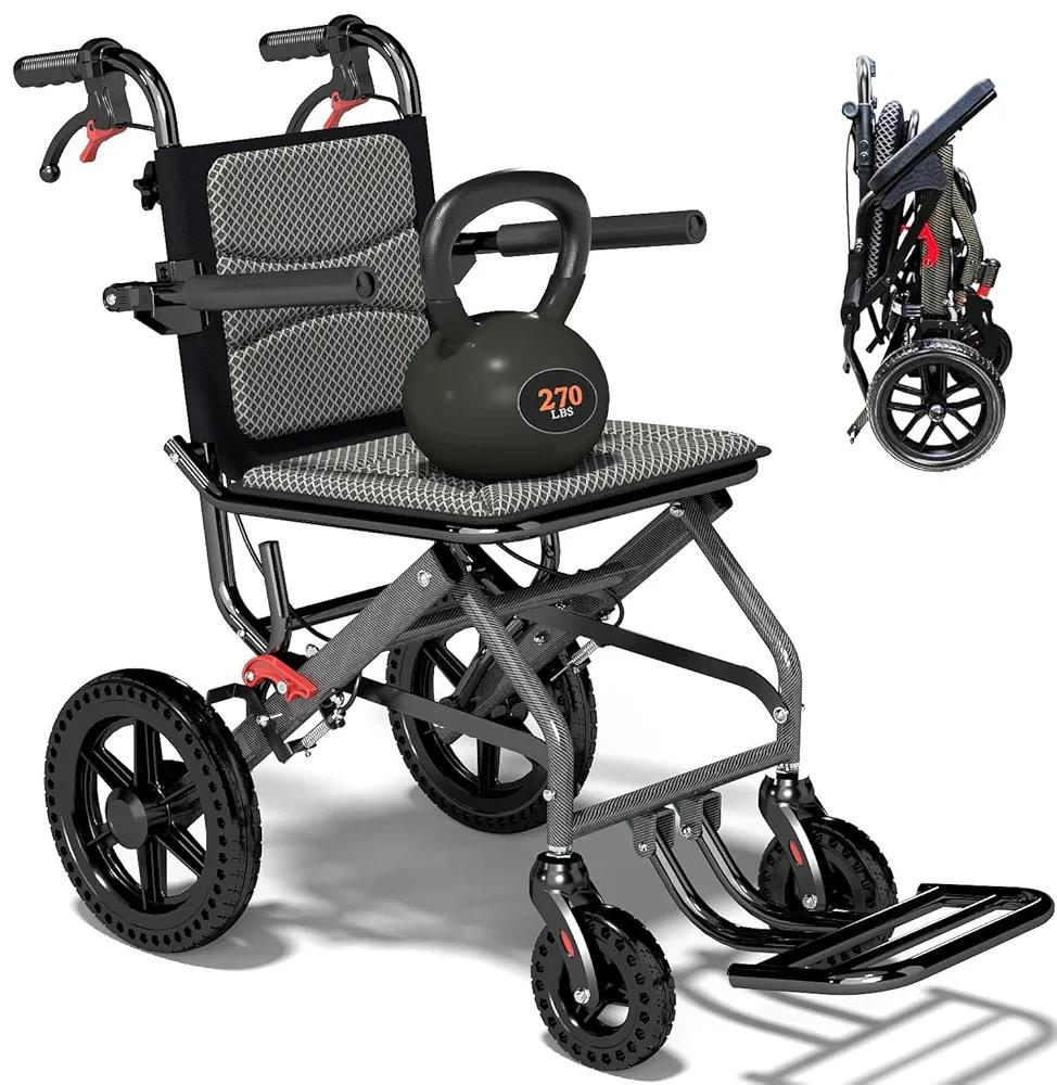 15 Inch Seat Wheelchairs for Adults 12 Inch Honeycomb Tire, Transport Wheelchair Lightweight Foldable (Only Takes 1S), Ultra Light Wheelchair with Telescopic Handle(Only 20LBS, Holds 270 LBS)