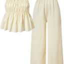 Girl's 2 Piece Vacation Holiday Outfits Ruffle Peplum Tops and Long Pants Set Summer Clothes (White)