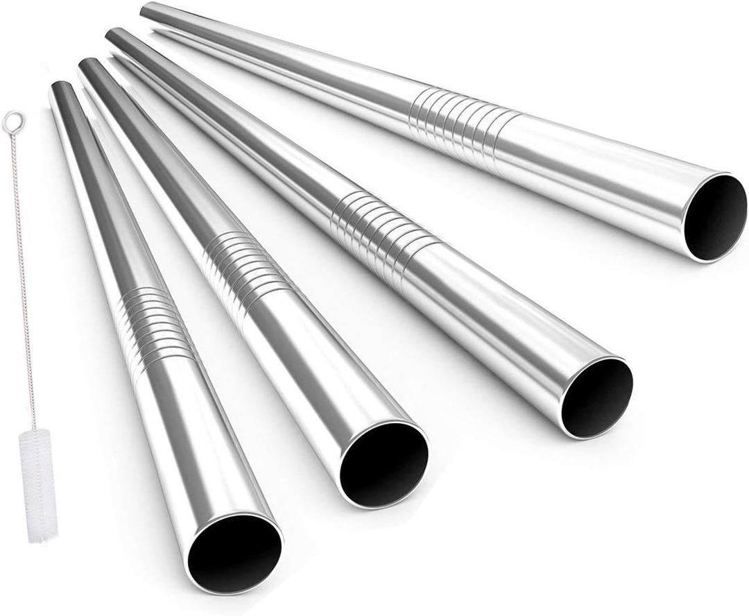 ALINK Reusable Boba Straws with Case and Cleaning Brush, 4-Pack Extra Wide Stainless Steel Metal Bubble Tea Straw for Smoothie, Shakes, Tapioca Pearl, 12 mm x 9 inch (Silver)