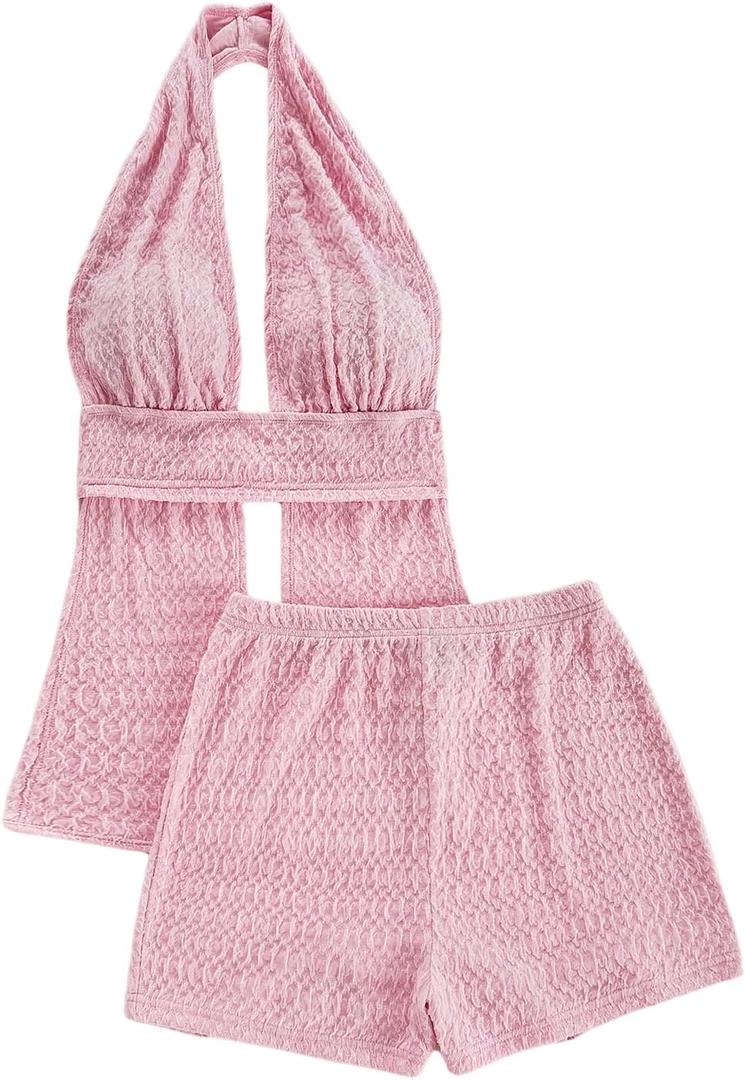 MakeMeChic Women's 2 Piece Y2K Outfits Summer Beach Knitted Backless Halter Tops and Micro Mini Shorts Set (Medium, Pink)