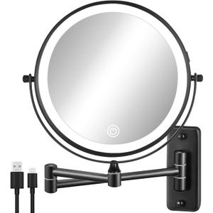 DECLUTTR Wall Mounted Lighted Makeup Mirror, 8" Rechargeable Double Sided 1X/10X Magnifying Mirror with Light, 3 Color Lights, Touch Dimmable, 360 Rotation Foldable Extended Arm, Black