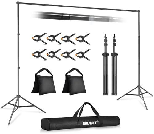 EMART Backdrop Stand 10x7ft(WxH) Photo Studio Adjustable Background Stand Support kit with 2 Crossbars, 8 Clamps, 2 Sandbags and Carry Bag for Parties, Events Decoration, Wedding, Photography, Black