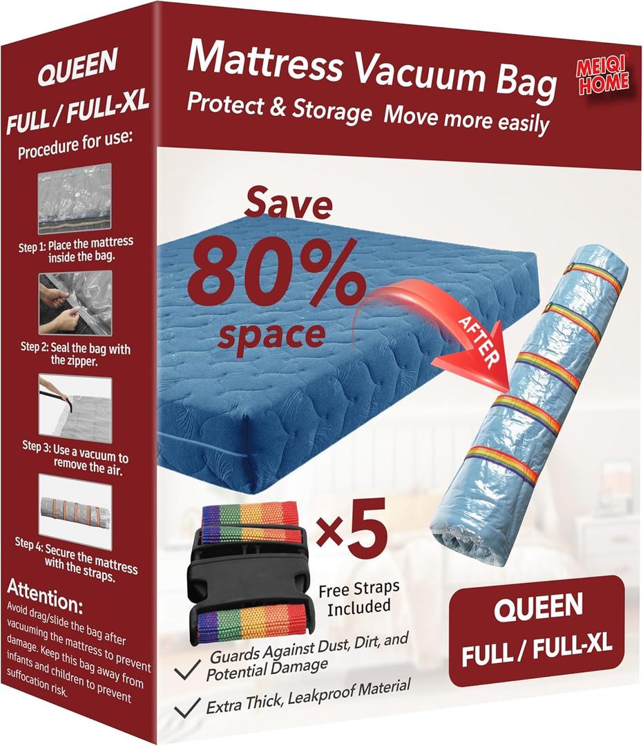 Queen/Full/Full-XL Mattress Vacuum Bag for Moving and Storage, Vacuum Seal Compression Bag for Queen and Full Size Mattresses, Heavy Duty Mattress Bag for Storage, with Sealing Clip and 5 Straps