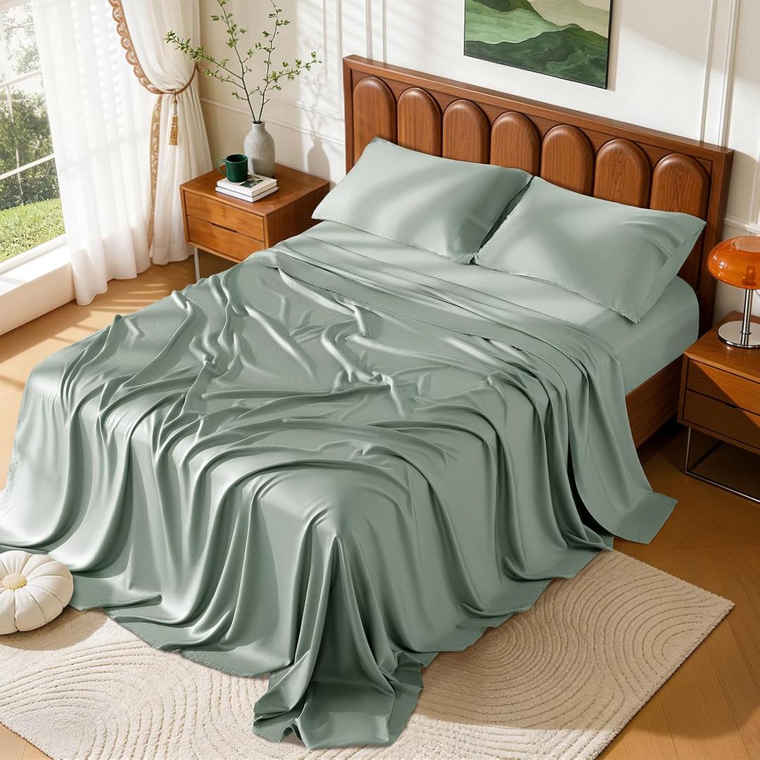 100% Viscose Derived from Bamboo Sheets Queen Size, Hotel Luxury Bed Sheets Set, Deep Pocket Up to 16 Inches, Ultra Soft Cooling Sheets 4pcs (Sea Glass)