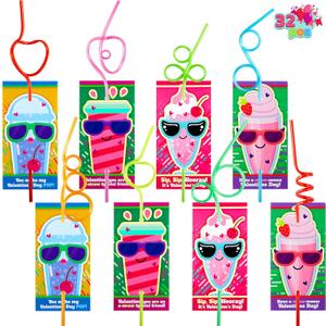 JOYIN 32 Pack Valentines Day Straws with Cards, Colorful Crazy Reusable Drinking Straws for kids, Classroom Exchange Prizes, Party Favors Gifts