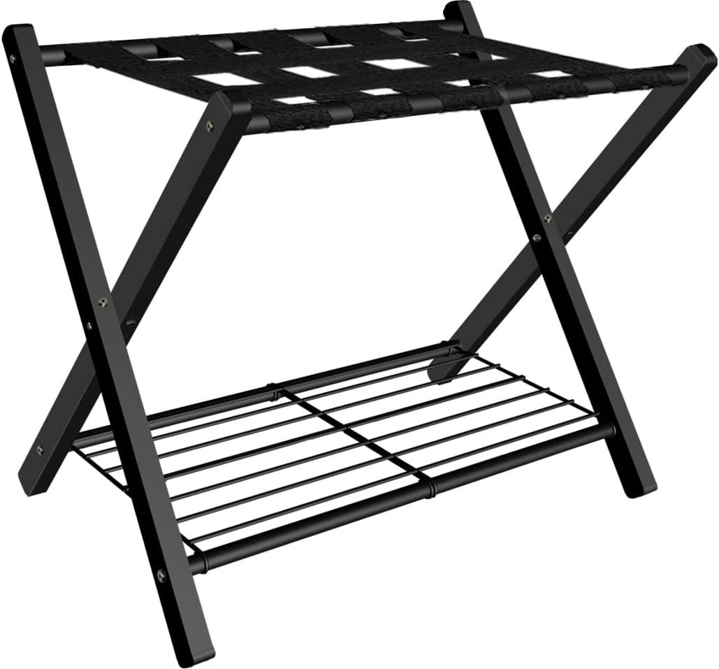 Folding Luggage Rack for Guest Room, Metal Foldable Suitcase Stand Holder with Metal Shelf for Bedroom, Black, 1 pack