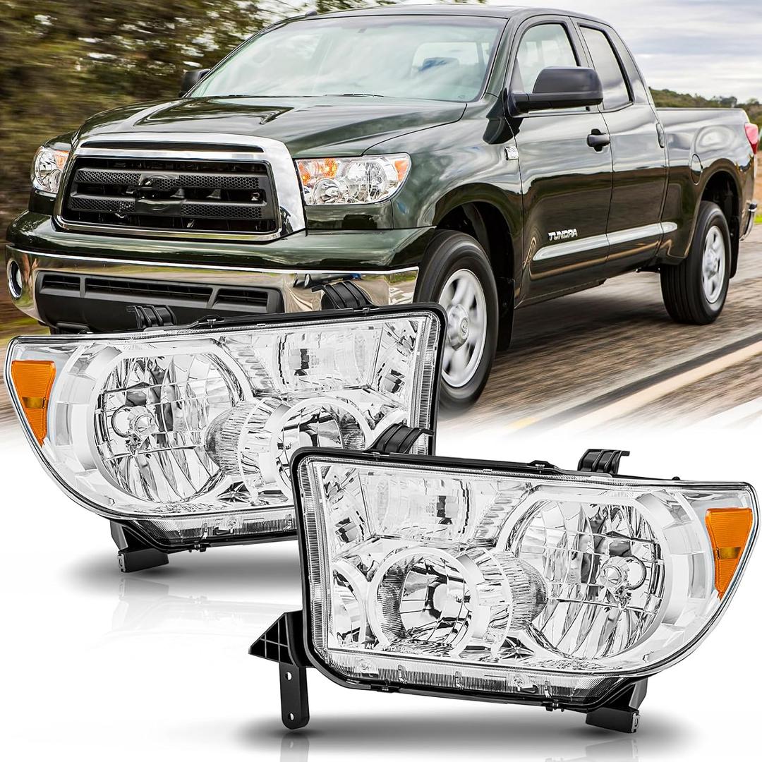 Headlight Assembly Pair for 2007-2013 Toyota Tundra (with/without Level Adjuster)/2008-2017 Toyota Sequoia Headlamps Head Lights Replacement Driver and Passenger Side,Chrome Housing Amber Reflector