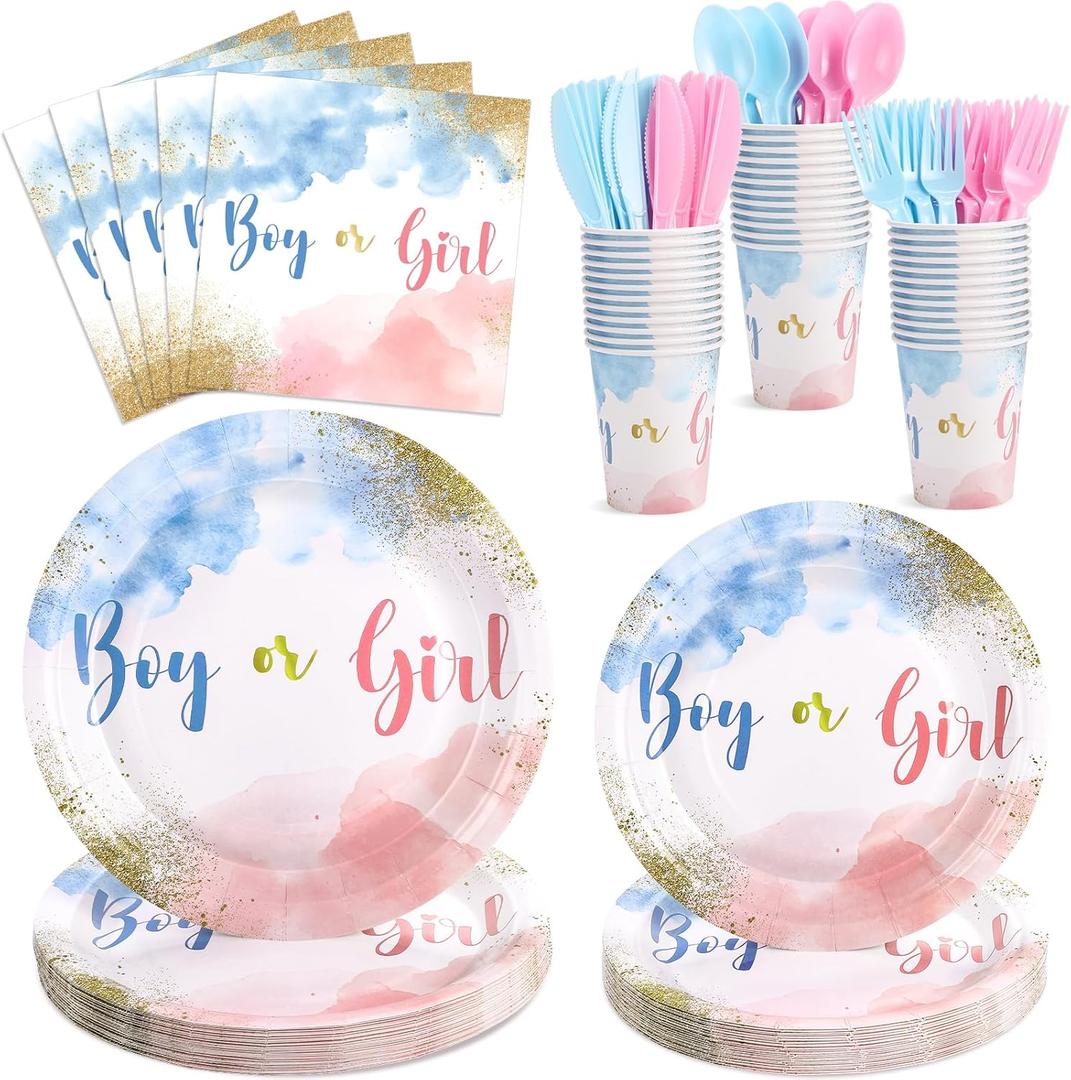 175 Pcs Gender Reveal Plates and Napkins, Boy or Girl Gender Reveal Party Decorations Includes Gender Reveal Paper Plates Napkins Cups Plastic Cutlery for Baby Reveal Party,Serves 25