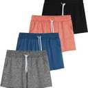 Real Essentials 4 Pack: Girls Athletic Performance Dry-Fit Running Shorts with Drawstring & Pockets (L)