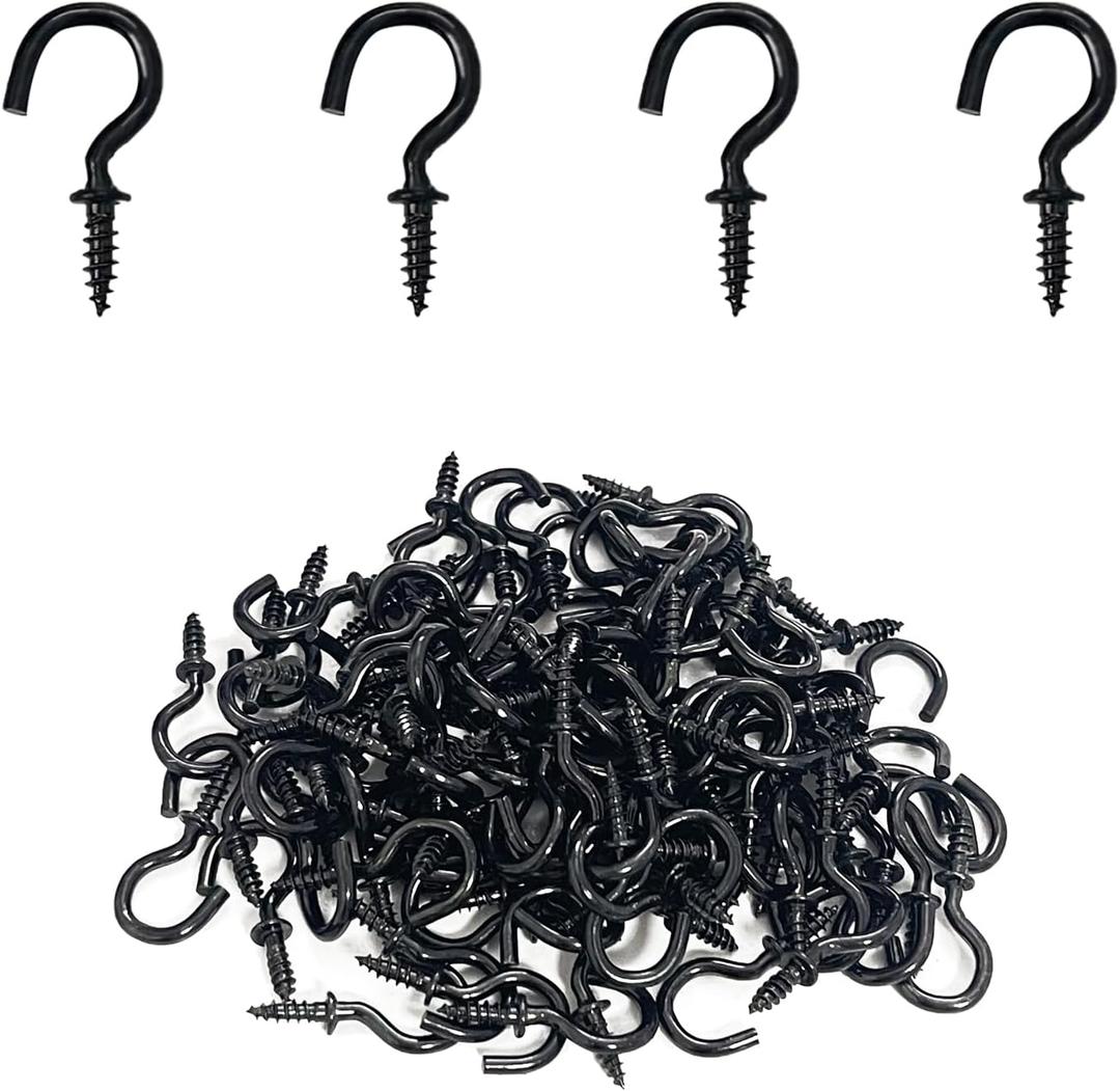 Goiio 100 Pieces 1/2 inch Ceiling Hooks, Black Zinc Plated Metal Screw-in Cup Hooks