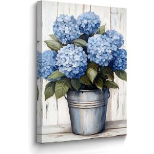 BJYCHG Blue Hydrangea Picture Wall Art Bathroom Decor Hydrangea Canvas Rustic Floral Poster Prints Flowers in Vase Painting Farmhouse Decor Framed (Teal, 36L x 24W)
