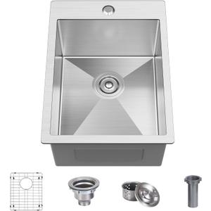 15 x 20 x 9 Inch Drop In Kitchen Bar Sink, Small Kitchen Sink Single Bowl Topmount Bar Prep Sink 18 Gauge Stainless Steel Bar Sink with Grid and Basket Strainer
