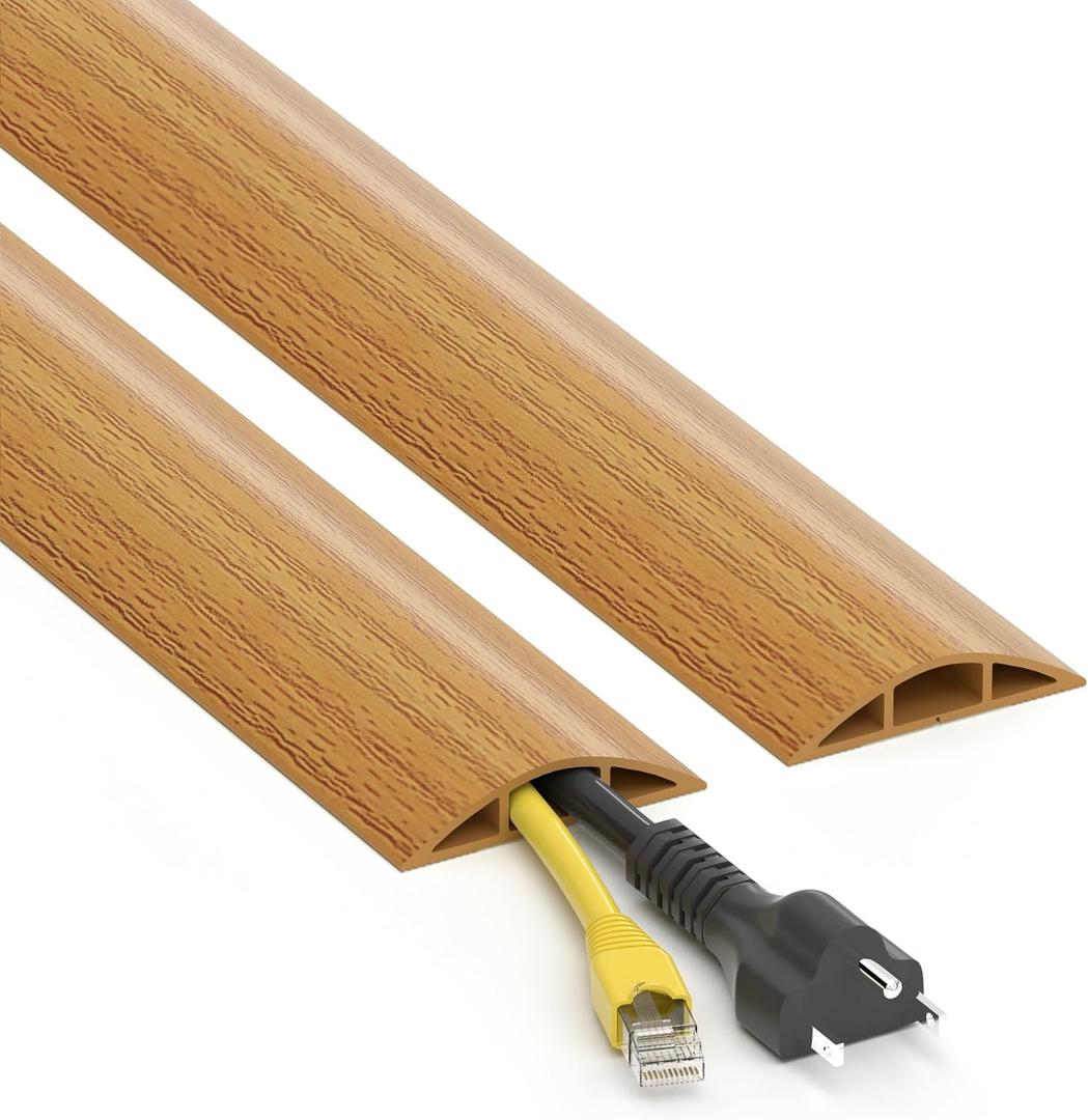 Floor Cord Cover 4ft, Yellow Oak Wood Cord Hider Floor Hide Extension Cords, PVC Cable Management Cover, Cable Protector Wire Cavity W0.6in x H0.32in