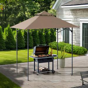SUNJOY 5 x 8 ft. Grill Gazebo Pop Up Double Tiered Outdoor Gazebo Standing-Height Canopy with Magnetic LED Light, Adjustable Ceiling Height, for BBQ,Picnics, Outdoor Events, Brown
