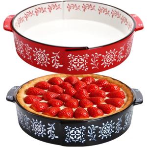 2 Pack Ceramic Baking Dish, 9 Inch Non-Stick Pie Pan with Double Handle, 44 Oz Deep and Fluted Pie Plate for Apple Pies, Quiche, Cake, Tart, Oven Microwave Dishwasher Safe, Red, Blue
