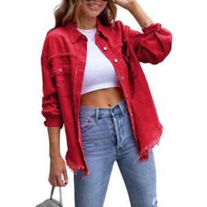 Perbai Womens Oversized Ripped Denim Jacket Frayed Hem Button Front Boyfriend Jean Coat Western Shacket with Pockets, XL