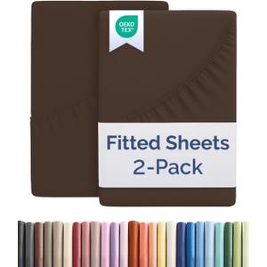 Twin XL Size Fitted Bed Sheet - Pack of 2 Single Fitted Bottom Sheet Only - Fits Mattress Up To 16" Deep Pockets - Extra Soft, Breathable & Cooling - Hotel Quality, Fade, Shrink & Wrinkle Free - Brown