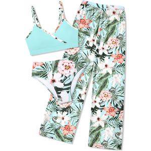 Girls Swimsuit 3 Piece Tropical Print Bathing Suit V Neck Bikini Set with Quick Dry Cover Up Pants 9-16Y (13-14 Years, Mint Green)