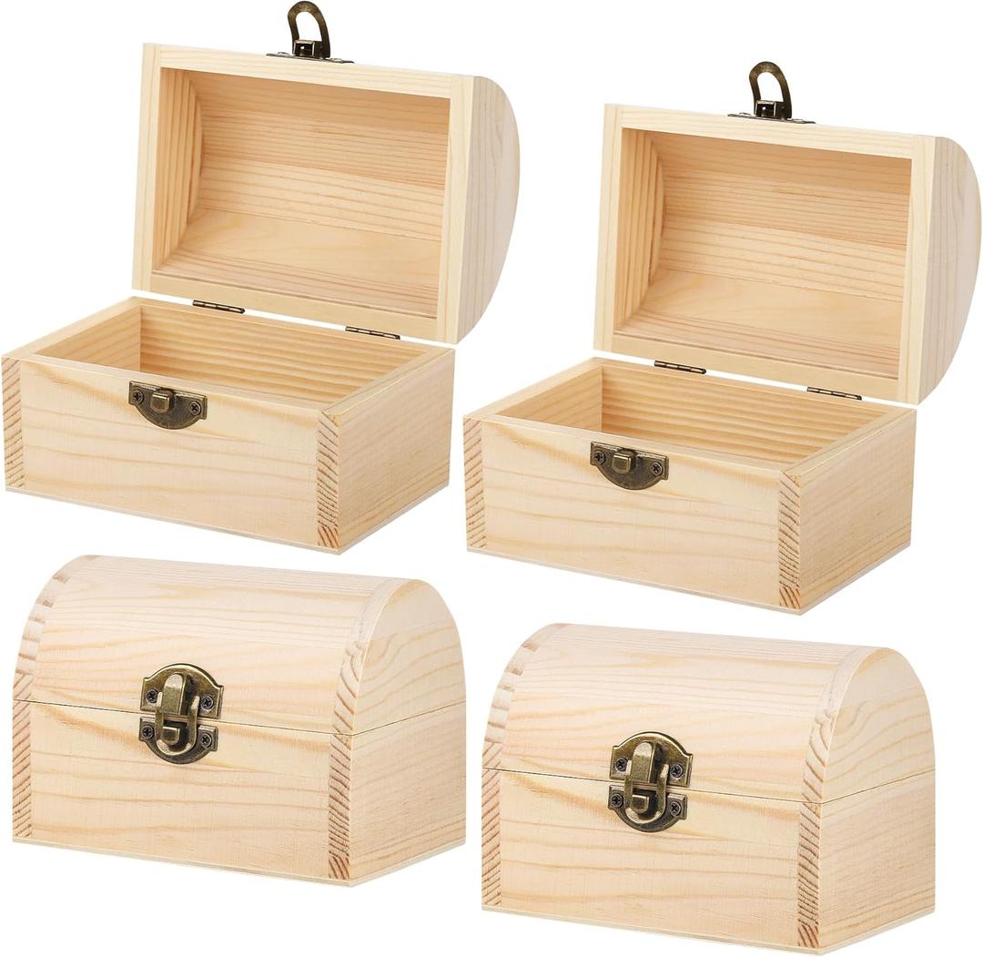 Aodaer 4 Pieces Unfinished Wood Treasure Chest Decorative Pine Wood Box with Hinged Lid and Locking Clasp Plain Decorate Wooden Boxes for Art Hobbies DIY Jewelry Gift Storage