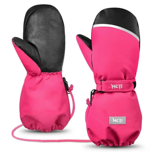 MCTi Kids Mittens Waterproof Winter Ski Warm Sherpa Lined Long Cuff with String (Pink, XS)