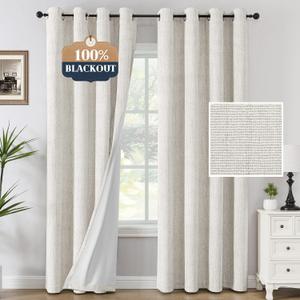H.VERSAILTEX Premium Chenille Blackout Curtains - 100% Blackout Thermal Insulated Noise Reducing, Heavy White Flocking Coating Back Linen Textured, 2 Panels 84 Inches, Heathered Ivory (Not Solid)