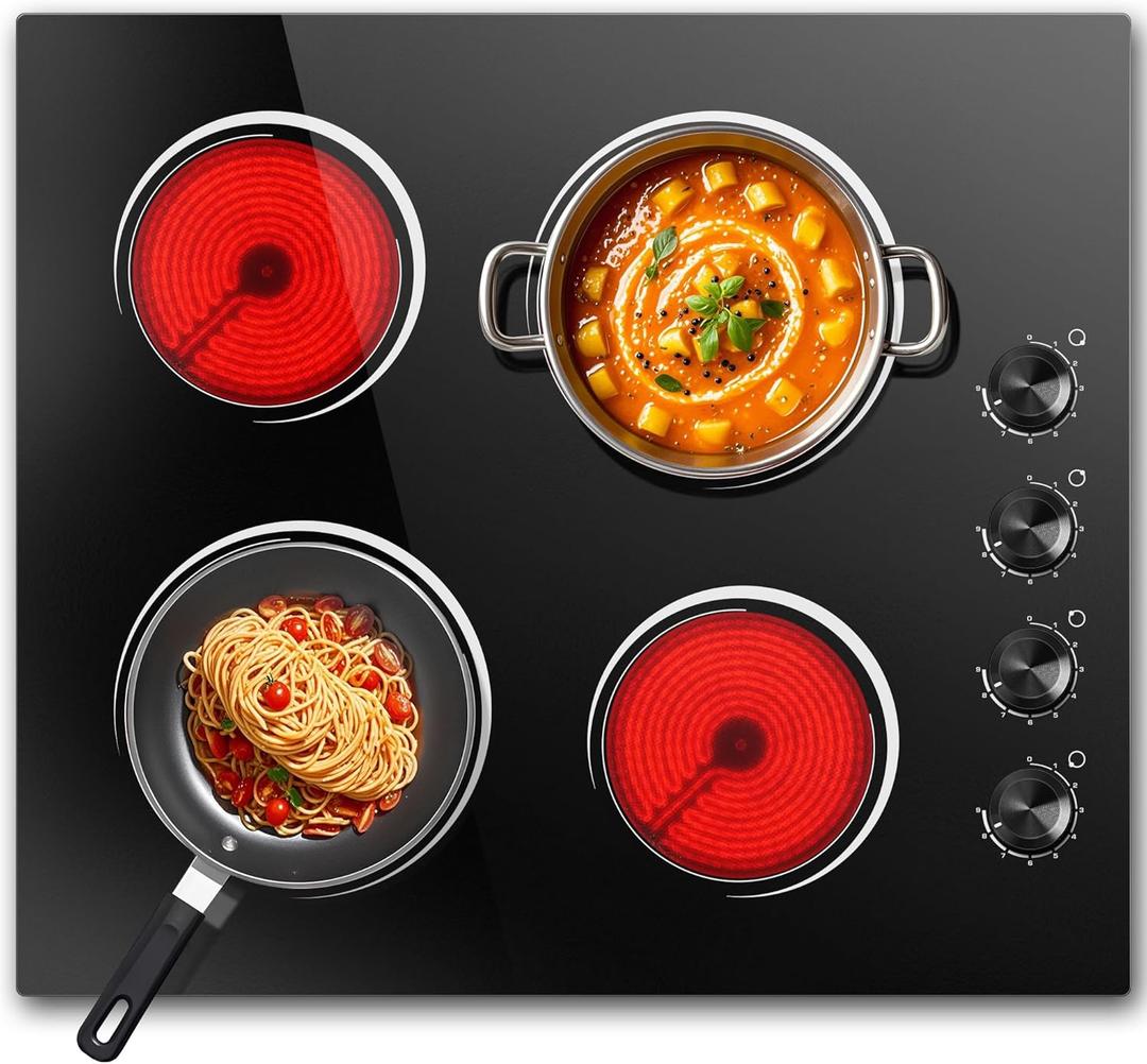 24 Inch Electric Cooktop, Nefaracy 6000W Electric Stove with 4 Burner, Built-in Radiant Electrical Cooktop with Knob Control, 9 Power Levels, Overheat Protection & Hot Warning, 220V Hard Wire (24 Inch Knob)